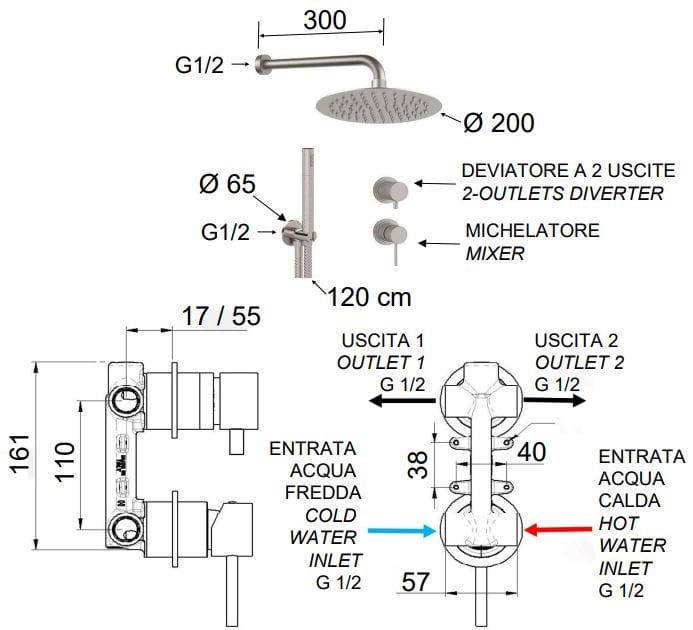 Набор для душа из нержавеющей стали с душем Remer Rubinetterie X Style Inox ARCH-00123249 - Вид №2