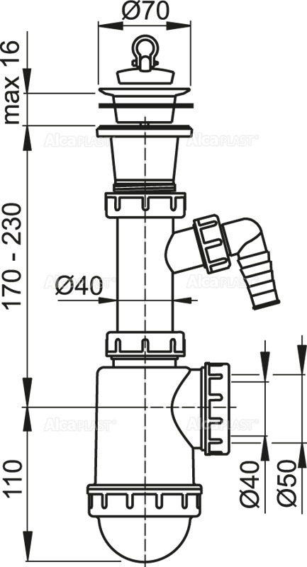 Cифон для мойки c пластмассовой решеткой DN70 и штуцером ALCAPLAST A442PDN5040 - Вид №1