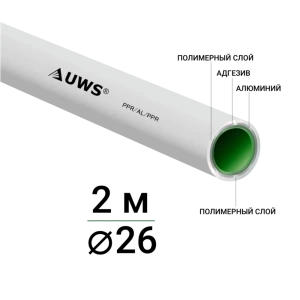 Труба полипропиленовая UWS армированная алюминием 26x3.0 мм SDR25 PN10 2 м