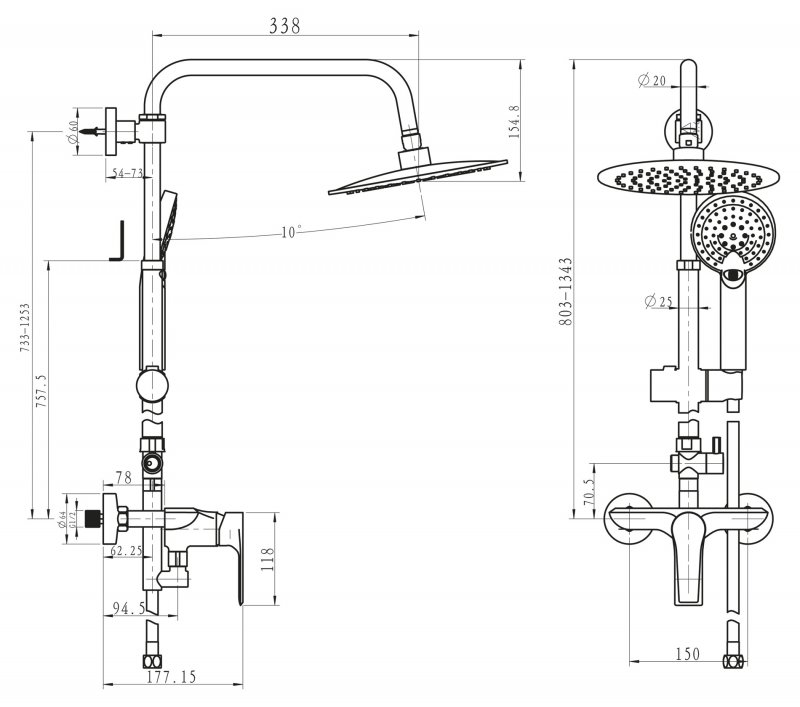 Душевая колонна без смесителя с верхним и ручным душем BelBagno ROSO BB-COLD-U-CRM  - Вид №2