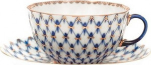 10596500 Императорский фарфоровый завод Чашка чайная с блюдцем ИФЗ "Кобальтовая сетка" 270мл, ф.Тюльпан Фарфор костяной