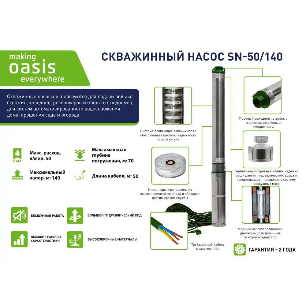Скважинный насос OASIS 50/140 для эффективного водоснабжения и полива 89349093 STLM-1519660 - Вид №1
