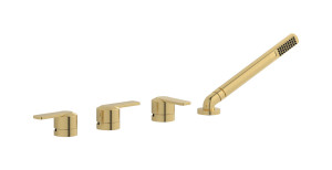 Смеситель на бортик ванной на 4 отверстия с изливом, дивертером и душевым гарнитуром. WE ARE IB c6397os Brushed Gold C-67