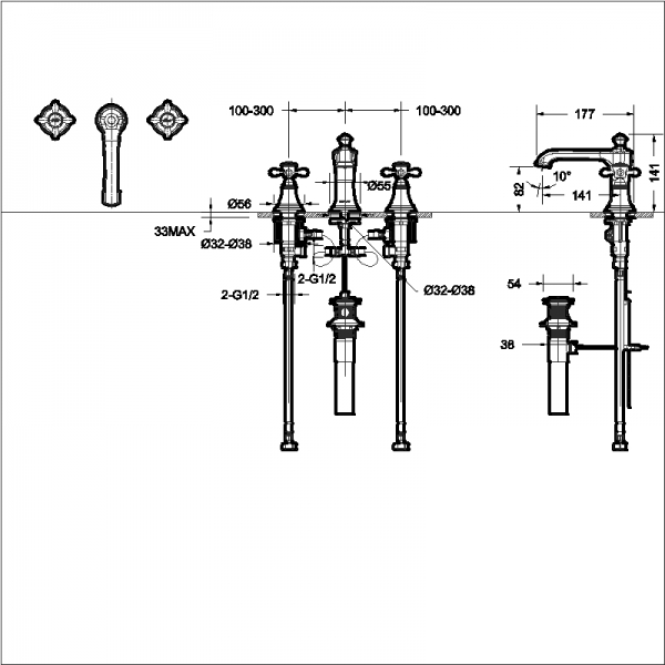 Смеситель для умывальника на три отверстия (Romen Golden) Zollern Cross Handle F251199BAF bravat  - Вид №1