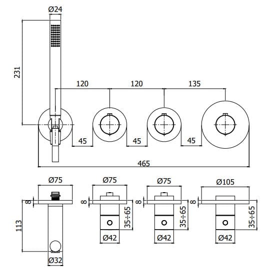 Термостатический смеситель для душа с 4 отверстиями RUBINETTERIA PAFFONI Modular Box ARCH-00010316