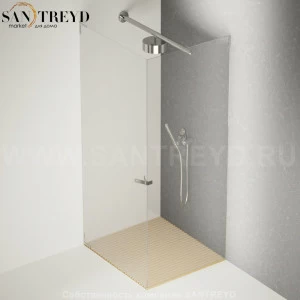 Душевое ограждение FLAT D подрезаемое, стеклянная с дверью экстрапрозрачная перегородка с держателем со встроенным соплом для установки верхнего душа с поддоном из светлого дуба. Размеры: глубина от 70 до 100 см, длина от 70 до 140 см