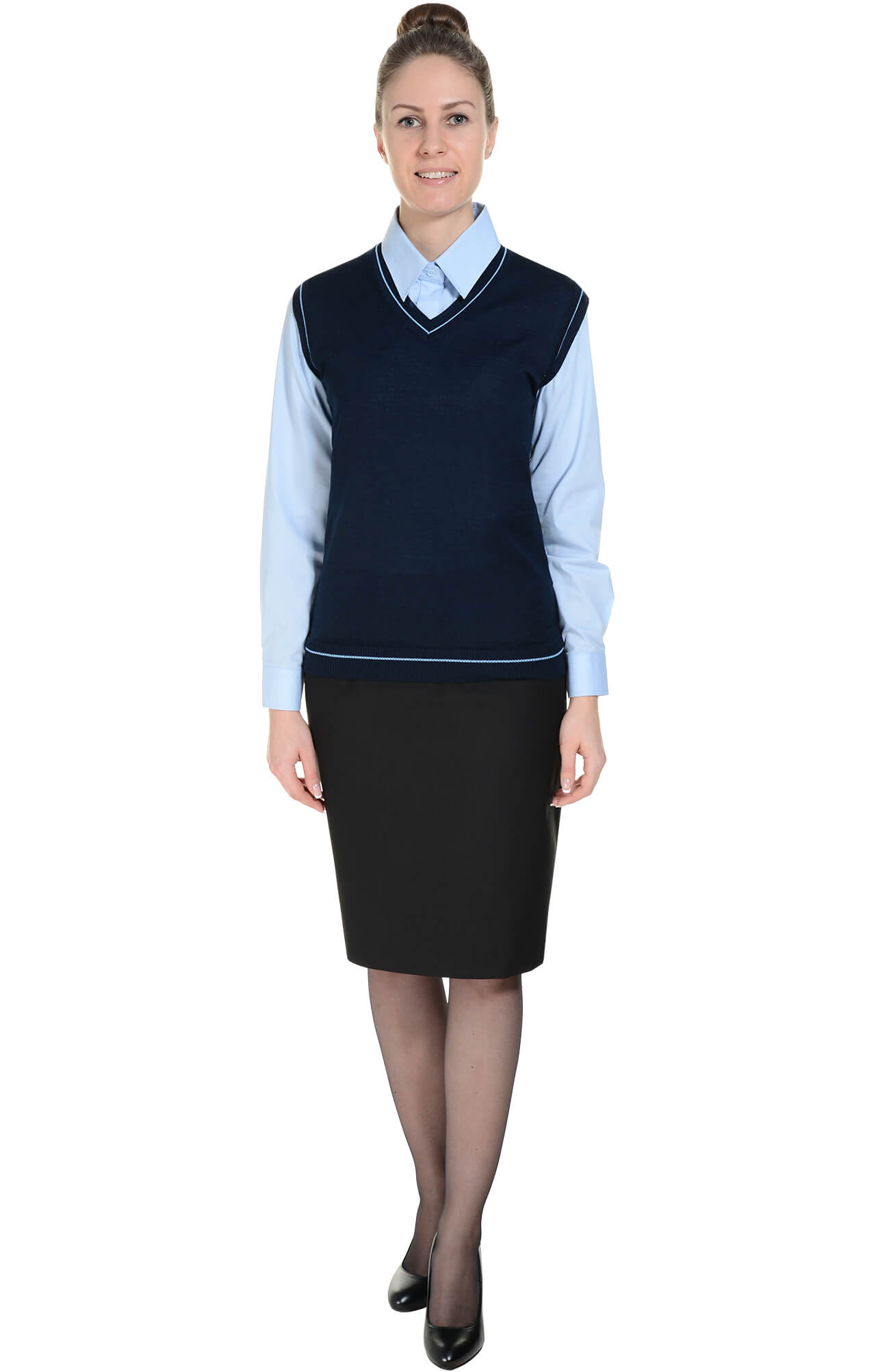 62523 Жилет трикотажный женский темно-синий с голубым  Одежда для официантов  размер 40-42 Спецодежда  - Вид №1