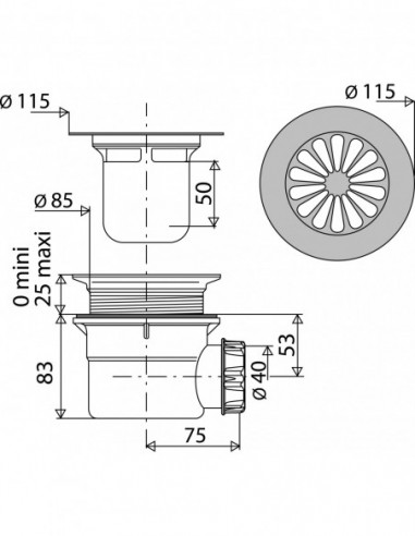 571000 000 00  Сифон для душевого поддона Д. 90 мм, круглая решетка, горизонтальный выпуск Д. 40 мм, NF, уплотнение Autofix, нержавеющая сталь Valentin Хром  - Вид №2