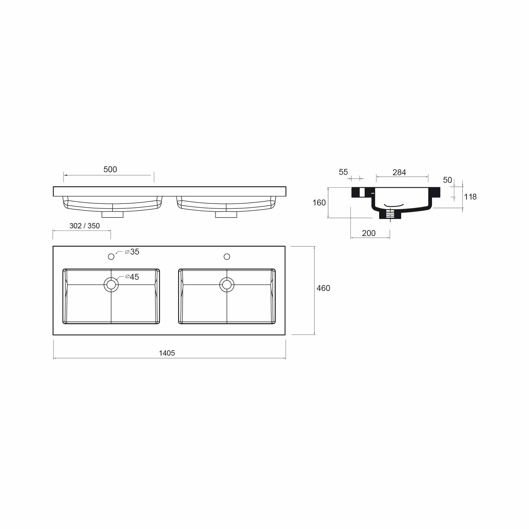 27144 SALGAR Раковина TOSCANA 1400 двойная WHITE MINERAL LOAD 1405 x 50 x 460 мм - Вид №1