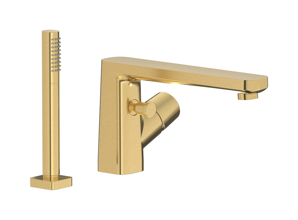 смеситель на бортик ванной на 2 отверстия с душевым гарнитуром. WE ARE IB aa320os_23 Brushed Gold TAAAC