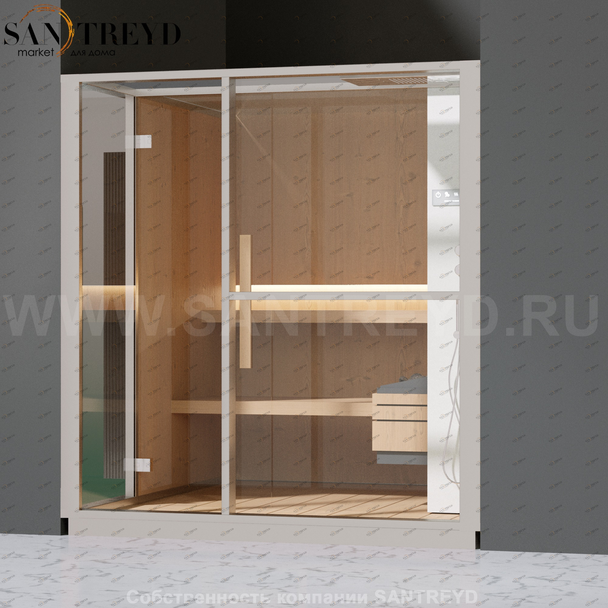 Effegibi LOGICA S LO20020009 Сауна. Установка: в нишу. Правая дверь. Мощность: 6 кВт макс. Размеры: длина 214 см, ширина 250 см. Отделка: канадский хемлок, матовый лакированный белый аллюминий и серый ламинат из керамогранита.