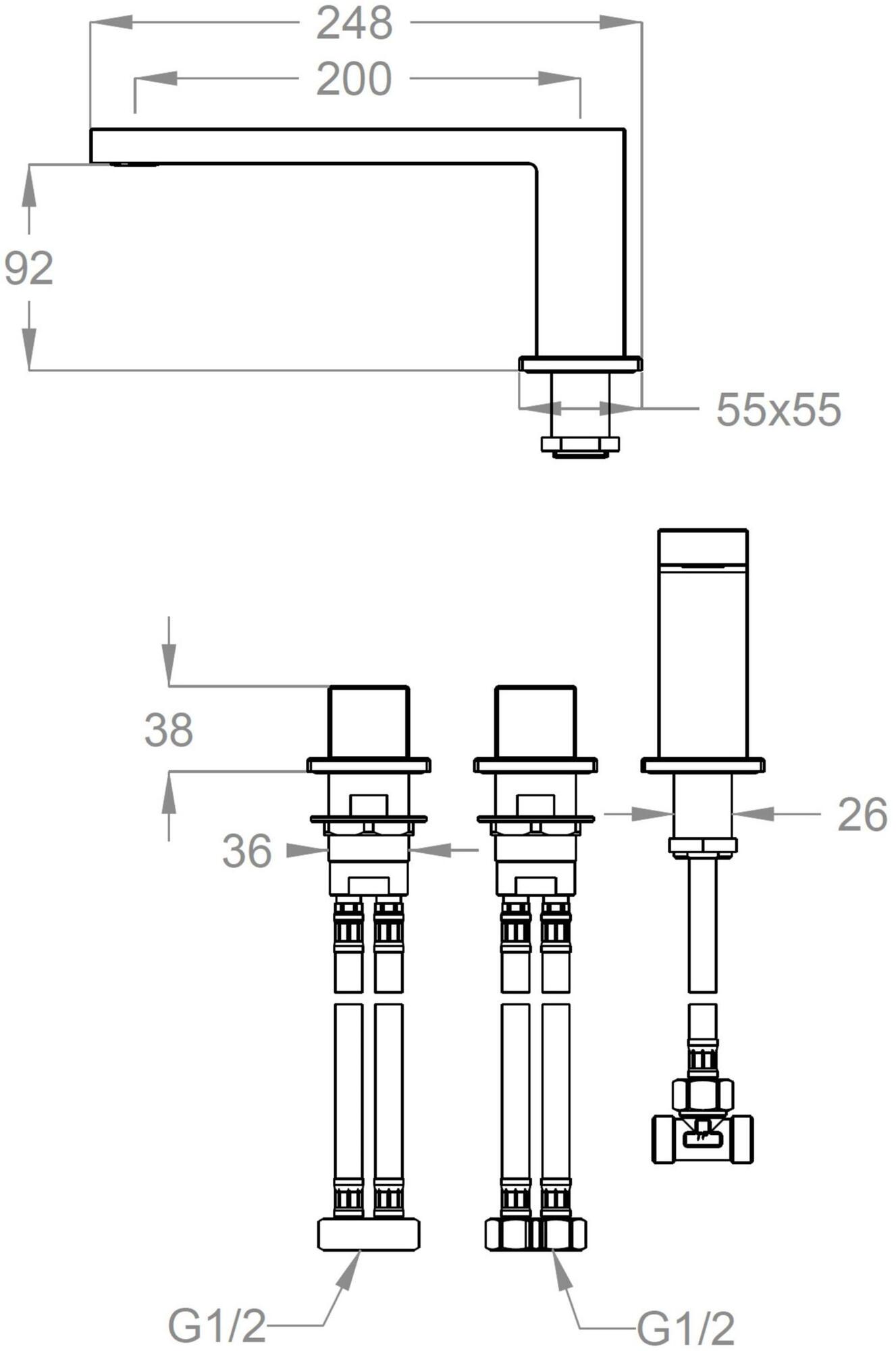 Fir Italia Встраиваемый комплект для ванны из латуни на 3 отверстия New playone 90 9031204 - Вид №1