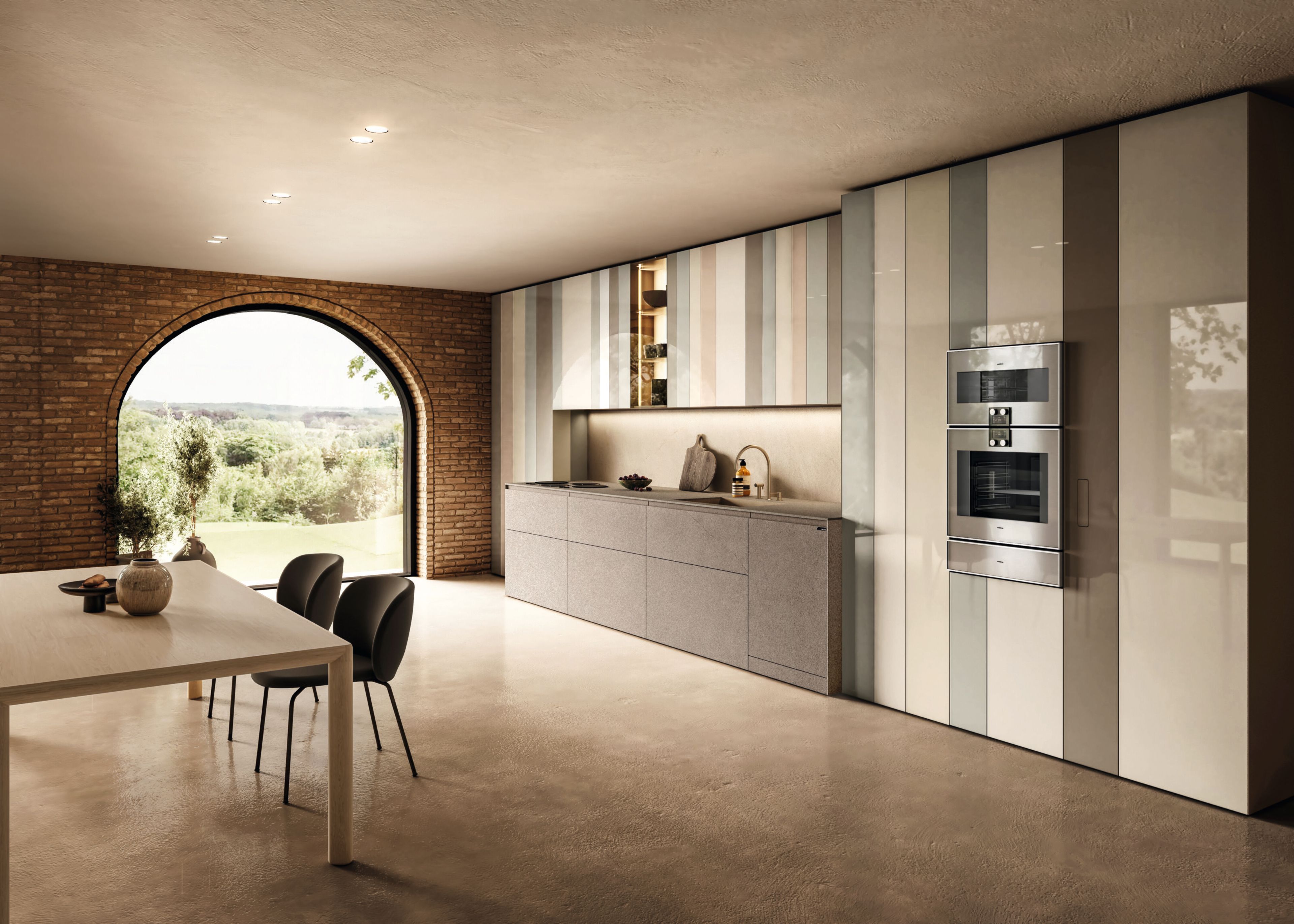 Линейная кухня из дерева и стекла без ручек Lago N. O. W ARCH-00076061 - Вид №1