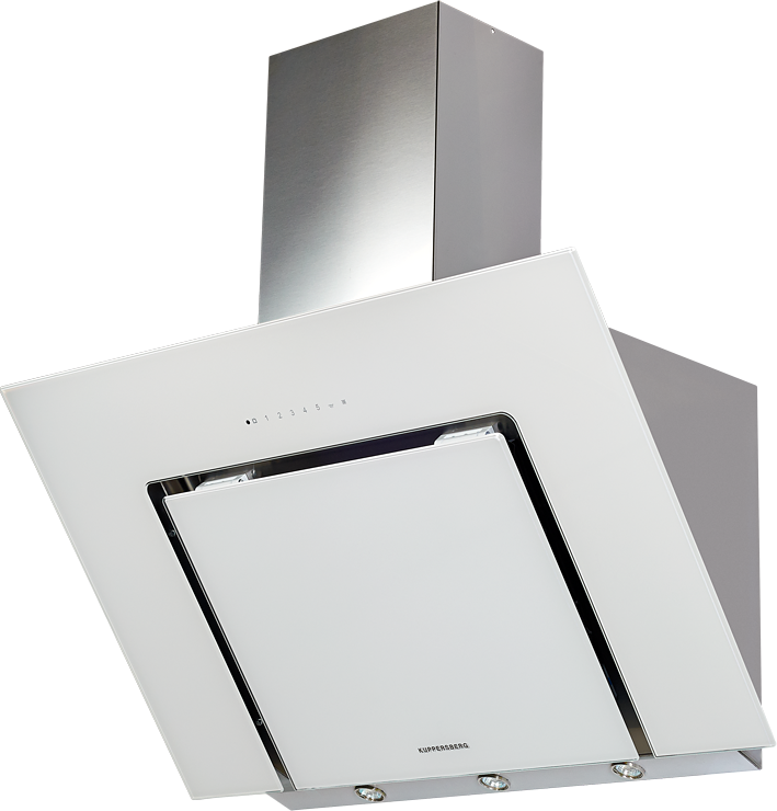 F 960 W Настенная вытяжка, ширина 90 см, отвод/рециркуляция, 900 м3/час, сенсорное управление, таймер, 5 скоростей, галогенное освещение 2х20 вт, металлические жироулавливающие фильтры, угольный фильтр kf-сm (опция), 42-47 дб, цвет белое стекло schott Kup Santreyd  - Вид №1