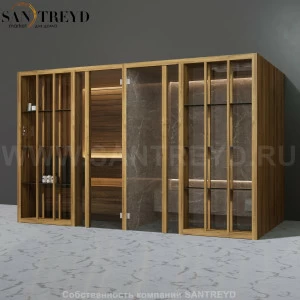 Effegibi YOKU.S SH YO.10220004 Комбинированная баня: хаммам и сауна. Установка: к стене Мощность: 10,5 кВт макс. Размеры: длина 342 см, ширина 170 см. Отделка: термообработанное дерево и темный керамогранит