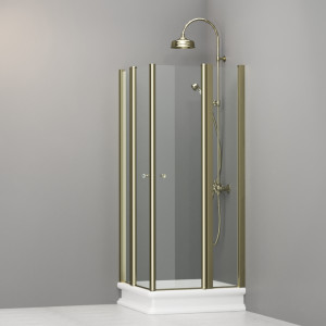 9159T1 Душевая кабинаDX/SX с двумя распашными дверьми и неподвижными элементами для душевого поддона квадрат 80x80, цвет Золотистый Kerasan RETRO Италия