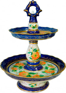 10618225 Гжельский фарфоровый завод Фруктовница 2-х ярусная (выс.худ.роспись) Фарфор