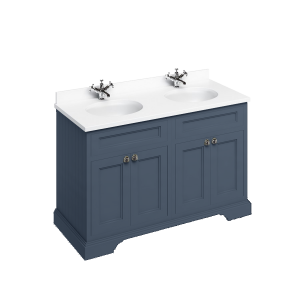 Burlington Отдельностоящий блок 130 с белой столешницей, дверями и 2 встроенными белыми раковинами Синий FC9B_BW12