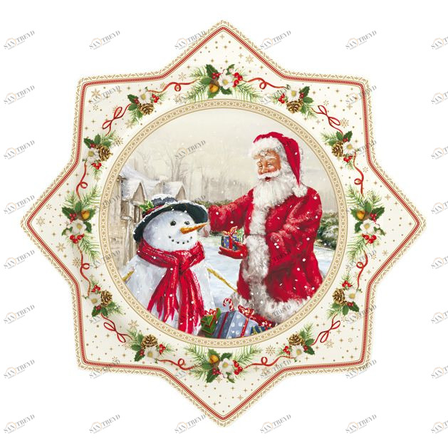 Блюдо фарфоровое для торта 32 см бежевое "Дед Мороз и снеговик" EASY LIFE НОВОГОДНЯЯ КОЛЛЕКЦИЯ 00-3947038 Бежевый 