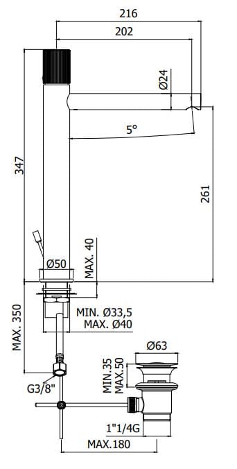 Высокий смеситель для раковины с автоматическим сливом RUBINETTERIA PAFFONI Jo ARCH-00045657 - Вид №2
