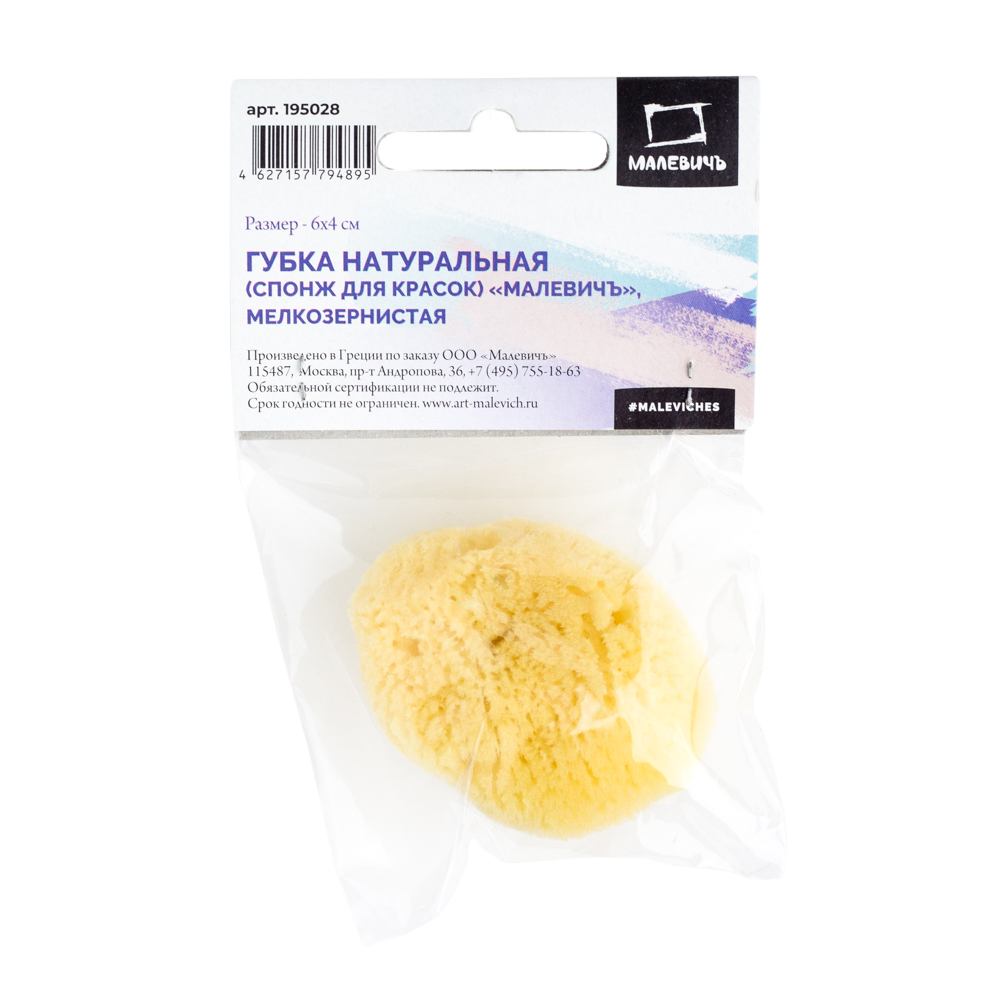 195028 Губка натуральная (спонж для красок) 6х4 см 13 см х 8 см х 2 см мелкозернистая Малевичъ 