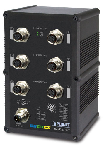 IGS-5227-6MT Ip67-rated industrial l2+ 6-port 10/100/1000t a-coded m12 managed ethernet switch (-40~75 degrees c) , erps ring, 1588, modbus tcp PLANET Technology Corporation Santreyd 
