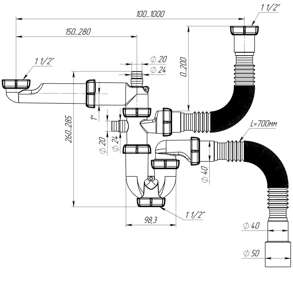 Сифон для двойной мойки EQUATION с двумя отводами 40 мм 89209834 STLM-0809501 - Вид №6