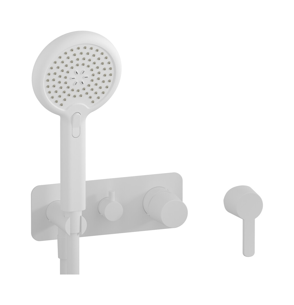 Внешние части встроенного в стену смесителя на 3 потребителя в комплекте с душевым гарнитуром. WE ARE IB aa399ss Matt White TAAAC