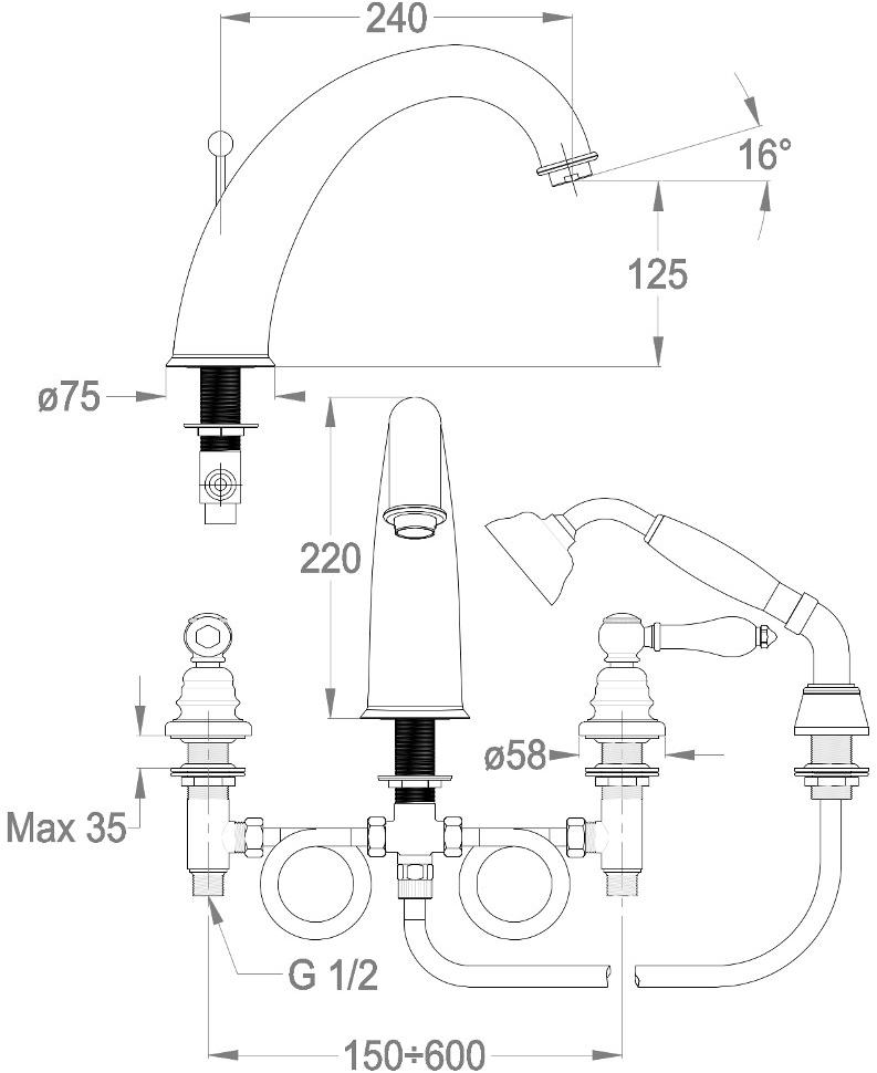 Fir Italia Смеситель для ванны с 3 отверстиями и ручным душем Melrose 21 2147312 - Вид №1