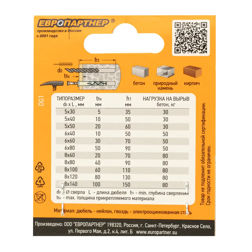 Дюбель-гвоздь Европартнер с цилиндрической манжетой 8×60 мм для бетона и кирпича 89383265 STLM-1535600 - Вид №7