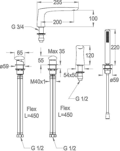 Fir Italia Комплект для ванны с ручным душем на 4 отверстия Synergy stone 95 9531404 - Вид №2