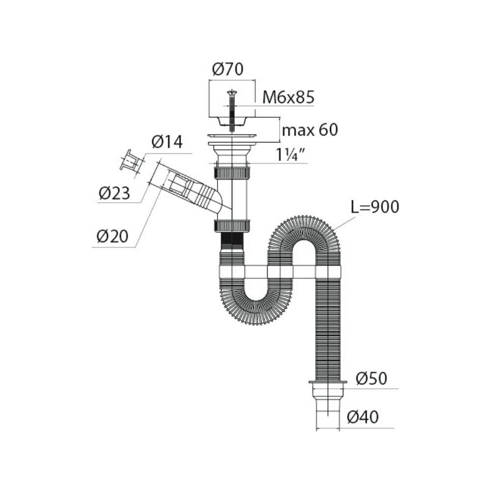 30980317 Сифон гофрированный "VIR" () с отводом для СМ и нерж.чашкой д.70мм (1 1/4"- д.40/50) Raiber  - Вид №1