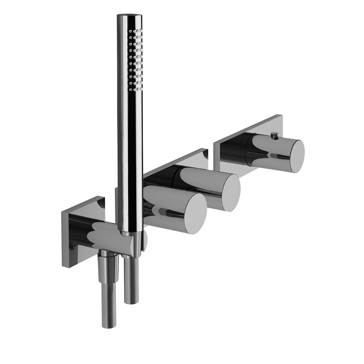 7312B+D212A  Термостатический встраиваемый смеситель для душа, 3/4''2 выпуска 3/4'' ручки ручная лейка SUN только для горизонтальной установки шланговое подсоединение с держателем для ручной лейки гибкий шланг 150 см ПВХ впуски 3/4'' Звукоизолированные N Fantini Rubinetti 