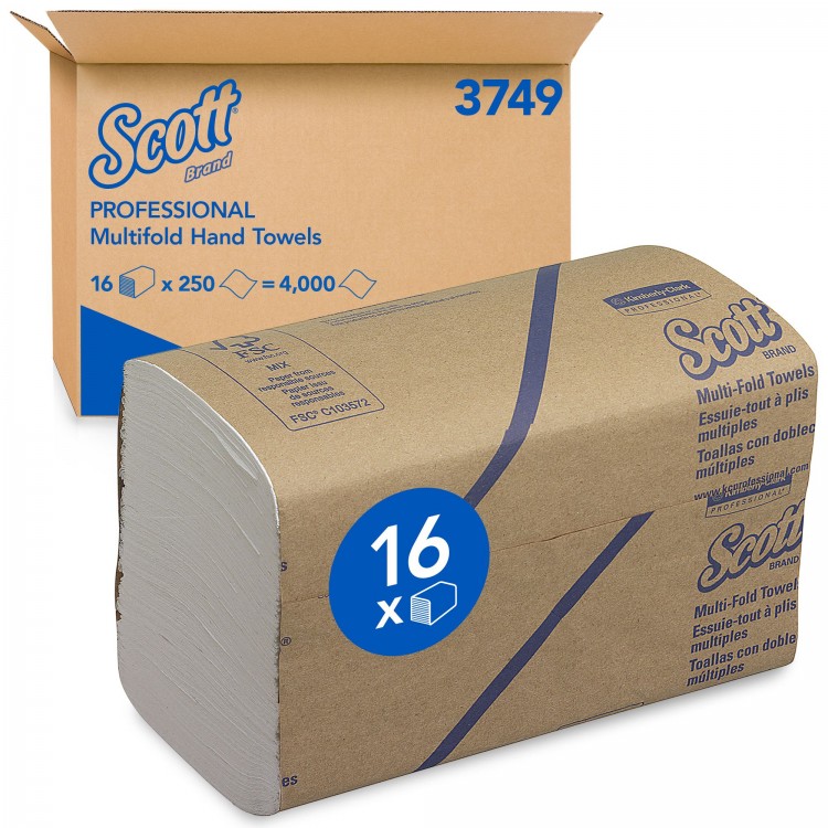 3749 Kimberly Clark Полотенца бумажные листовые Kimberly Clark Scott MultiFold 3749 H2 Z-сложения 1-слойные 16 пачек по 250 листов 
