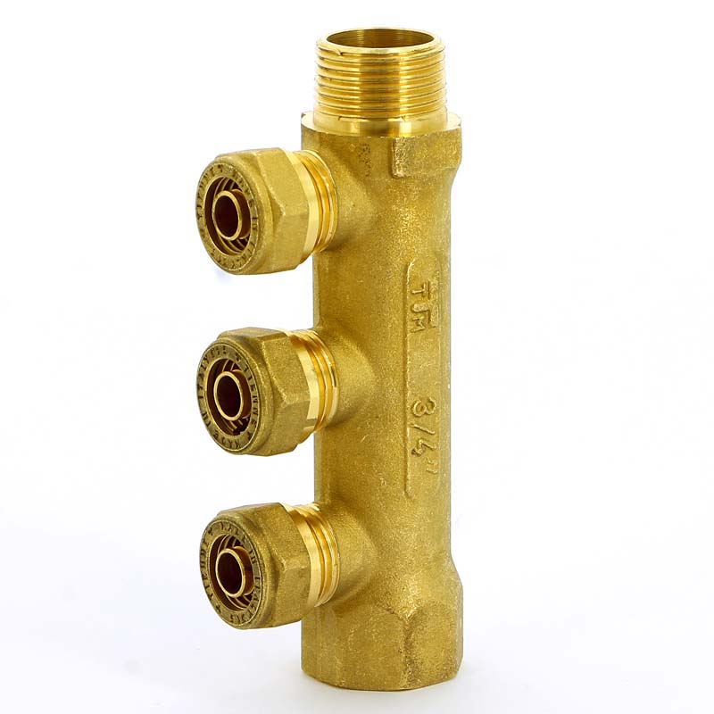 Коллектор НВ 3/4" с выходами для PE-X трубы TIEMME 3 выхода 15 обжим 36мм 1910006