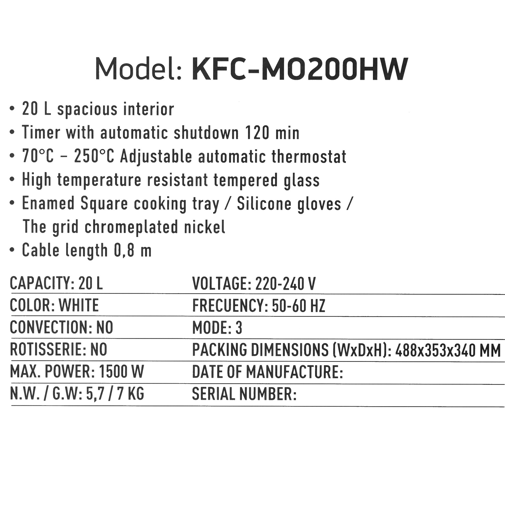 9080960 Мини-печь Kraft KFC-MO 200 HW белый STDN-0126958 - Вид №10