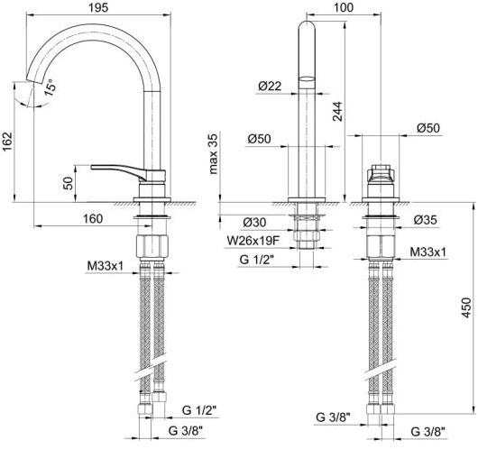 ABOUTWATER Смеситель для раковины на 2 отверстия Al/23 Fantini Rubinetti sun-id-1448039 - Вид №3