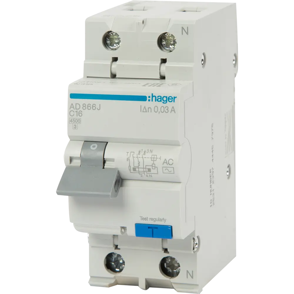 Дифференциальный автомат Hager AD866J 1P N C16 A 30 мА 4.5 кА AC STLM-2204165