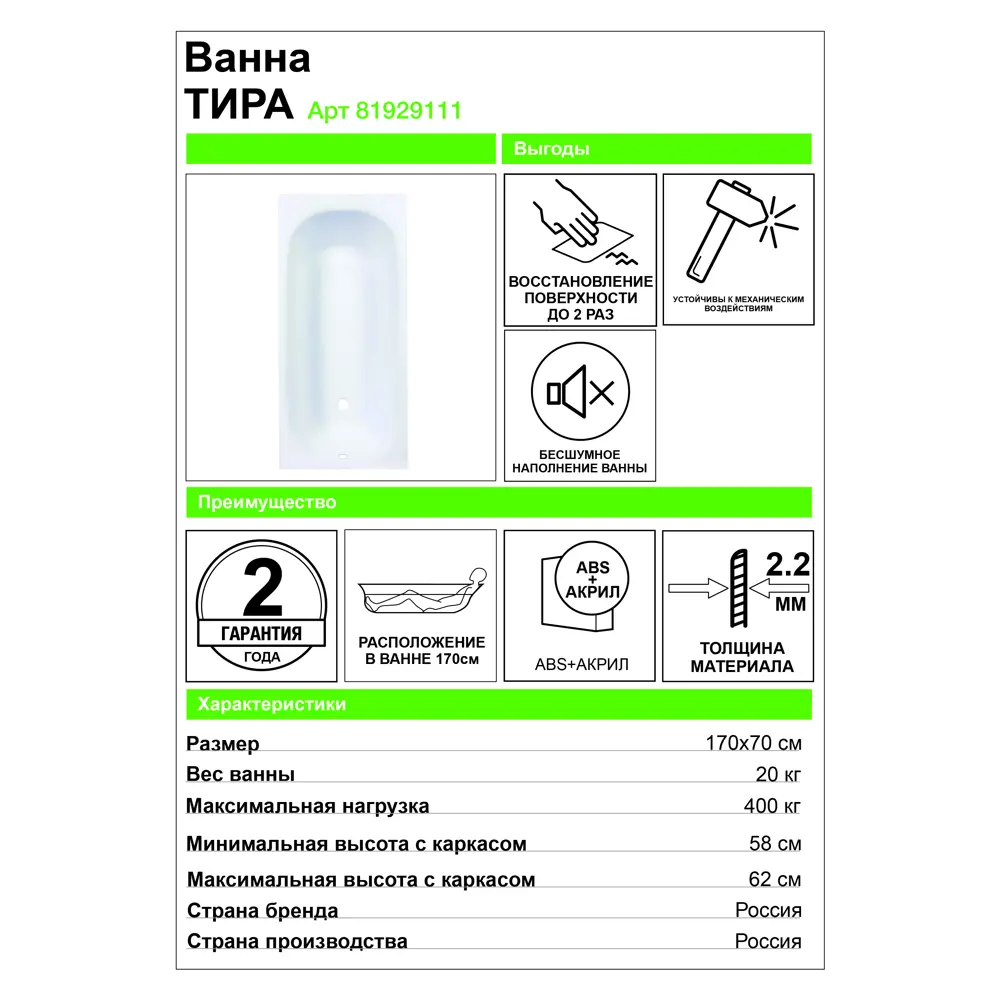 Акриловая ванна Triton Тира 170x70 см - классика комфорта 81929111 STLM-0014008 - Вид №3