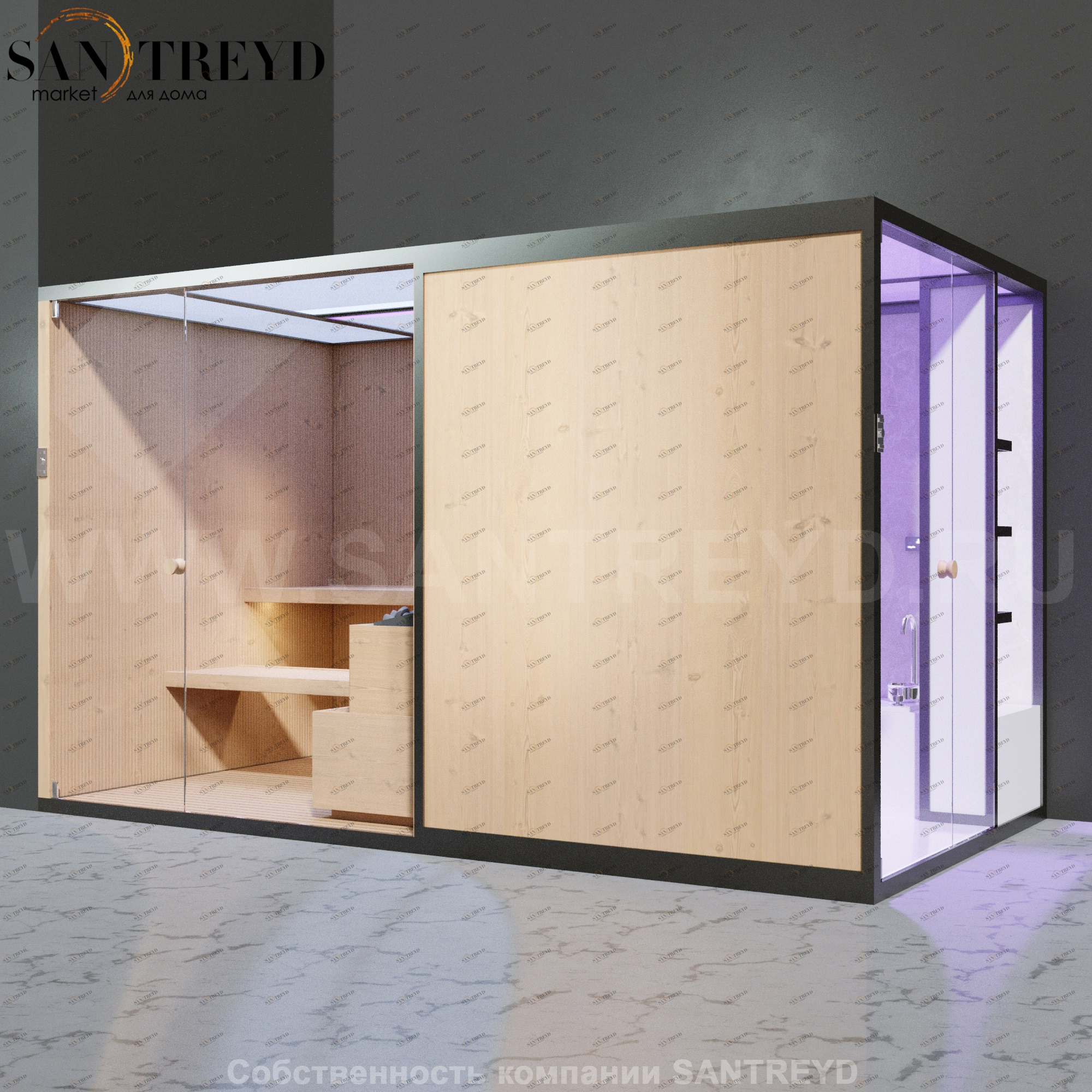 Effegibi BODYLOVE SH BL45110004 Боковая комбинированная баня: хаммам и сауна. Установка: в левый угол. Мощность: 15 кВт макс. Размеры: длина 393 см, ширина 176 см. Отделка: канадский хемлок, светлый керамогранит и гладкий хемлок.