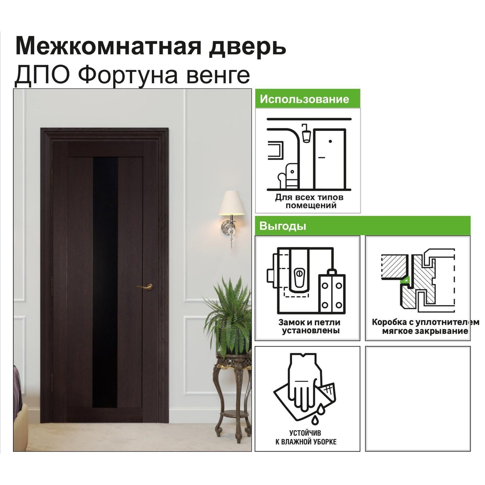 81932785 Дверь межкомнатная остеклённая Фортуна 60x200 см, ПВХ, цвет венге Santreyd  - Вид №7
