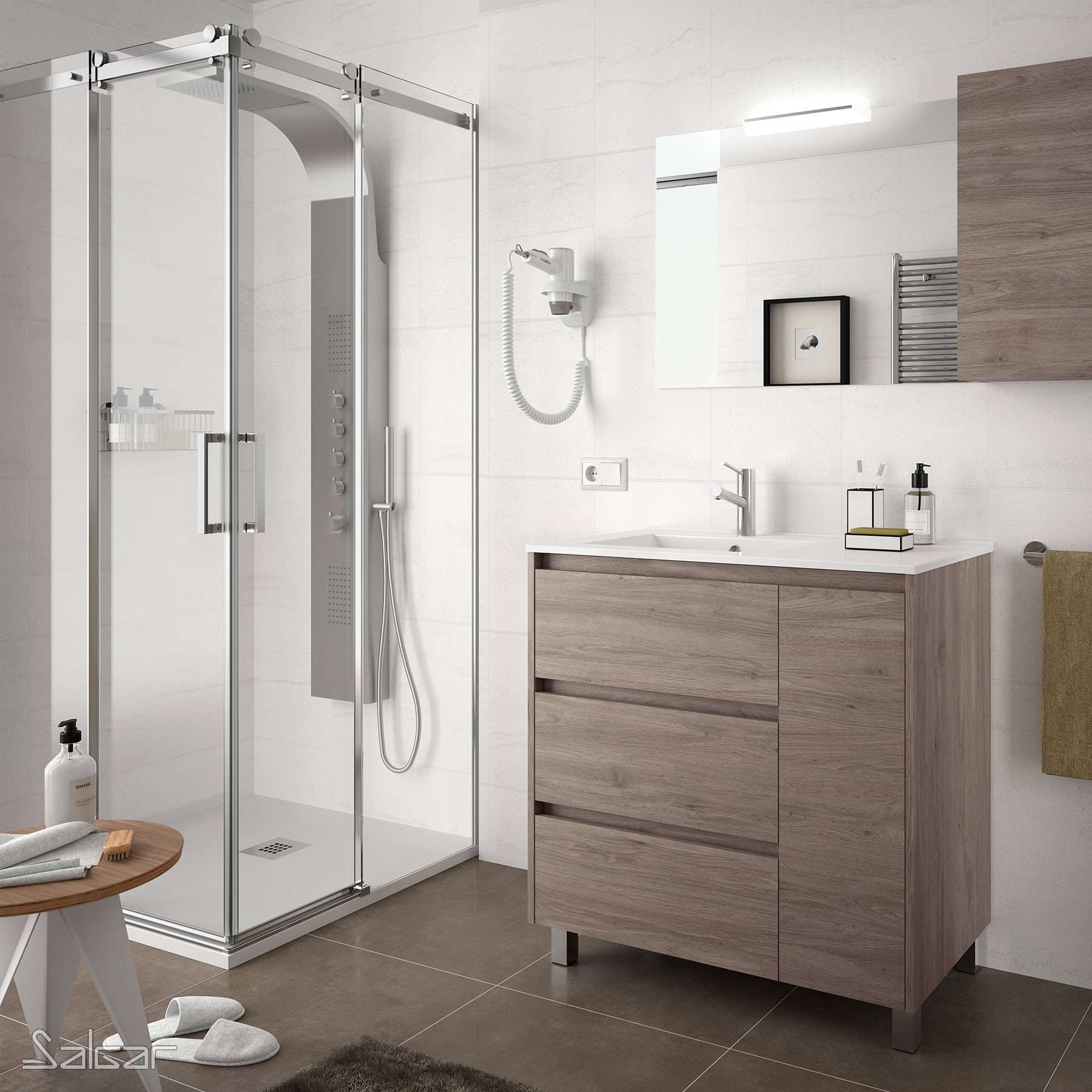 85121 SALGAR Комплект мебели для ванной ARENYS 855 ETERNITY OAK + Раковина + Зеркало + Свет Робл Вечность