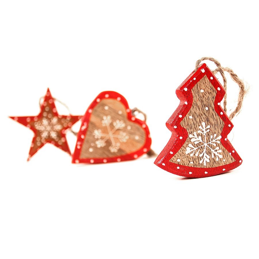 Набор елочных украшений деревянных в подарочной коробке "Звезды, ели, сердца с красным ободком" Star ENJOYME  253089 Красный;разноцветный  - Вид №3