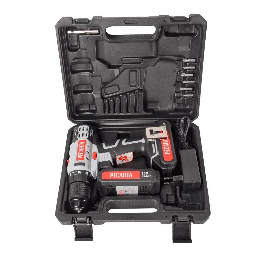 Дрель-шуруповерт аккумуляторная Ресанта ДА-20-2ЛК, 20 В Li-Ion 2x2 Ач STLM-2000753 - Вид №1