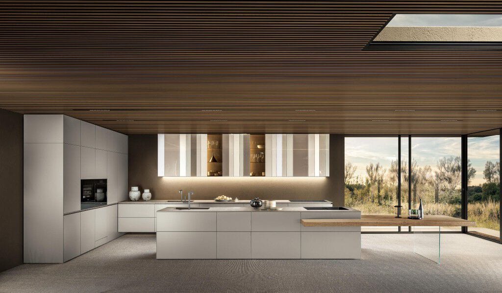 Деревянная и стеклянная кухня без ручек с островом Lago N. O. W ARCH-00139930