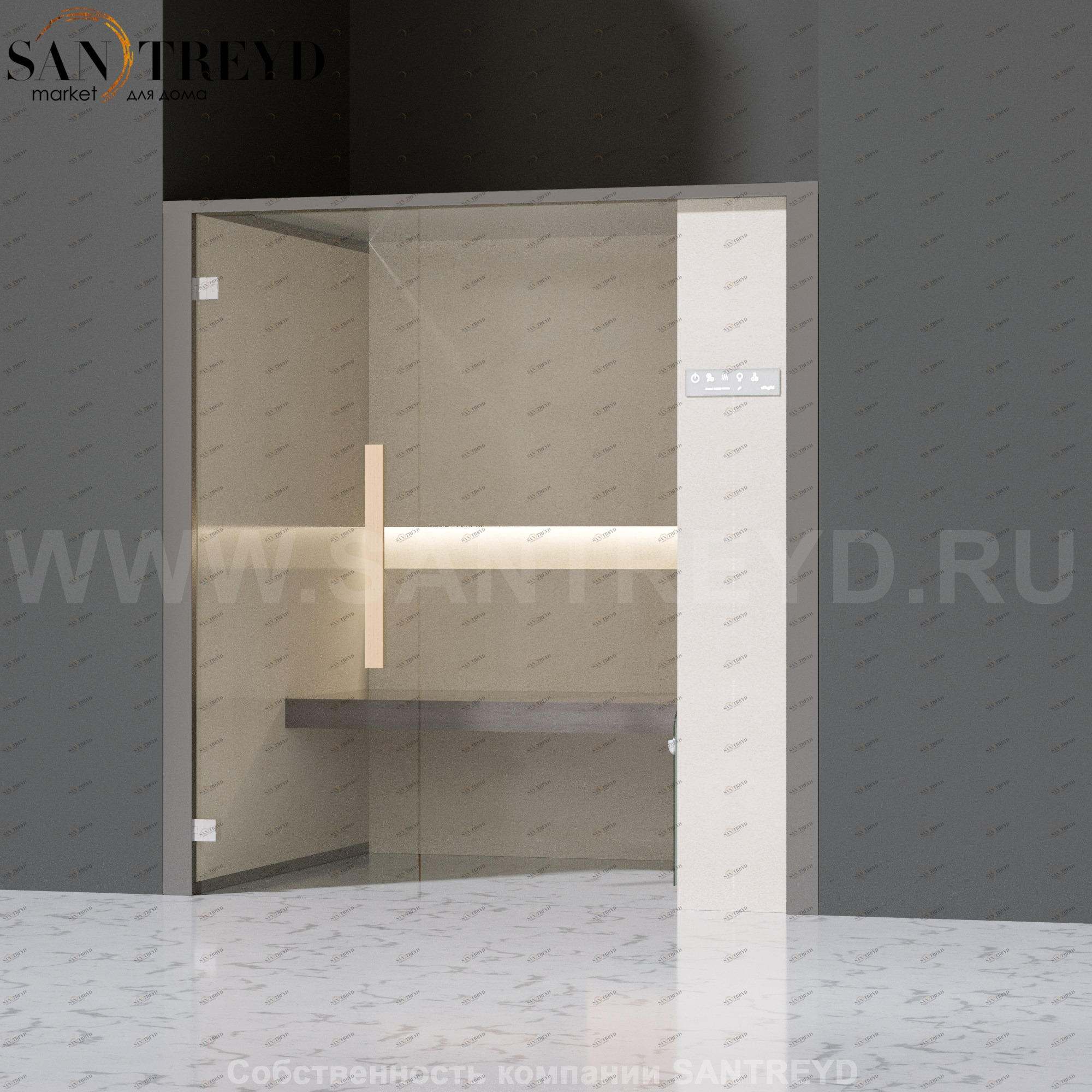 Effegibi ONEFILO H LO61010009 Хаммам. Установка: в нишу. Правая дверь. Мощность: 4,5 кВт макс. Размеры: длина 214 см, ширина 171 см. Отделка: матовый лакированный серый аллюминий и бежевый ламинат из керамогранита.