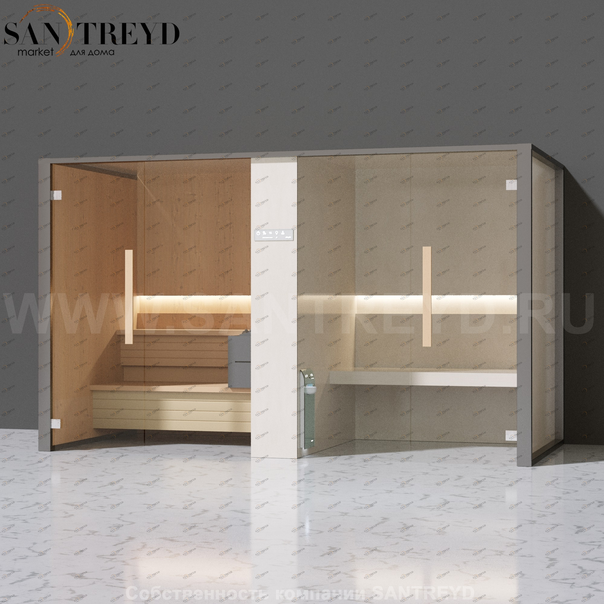 Effegibi LOGICAFILO SH LO41010001 Комбинированная баня: хаммам и сауна. Установка: к стене. Мощность: 10,5 кВт макс. Размеры: длина 373 см, ширина 171 см. Отделка: канадский хемлок, матовый лакированный серый аллюминий и бежевый ламинат из керамогранита.