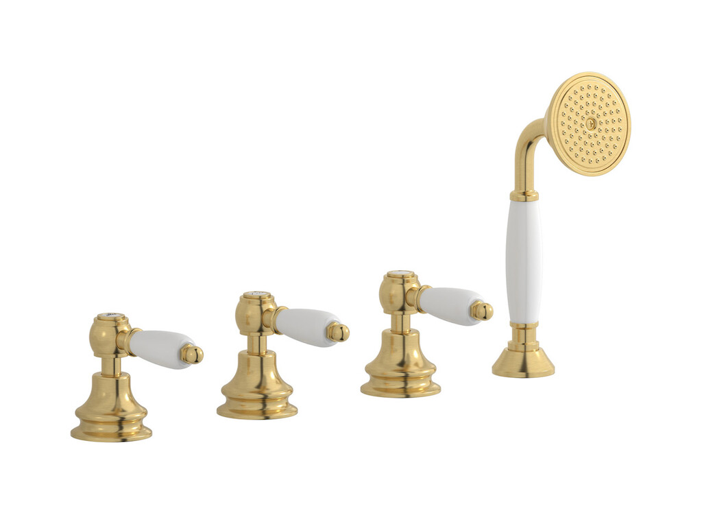 Смеситель на бортик ванной на 4 отверстия с изливом, дивертером и душевым гарнитуром. WE ARE IB hl397os_2 Brushed Gold Hermes