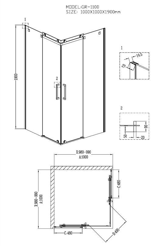 Душевое ограждение GROSSMAN GR-1100 Cosmo 100*100*190 квадрат, двери раздвижные - Вид №1