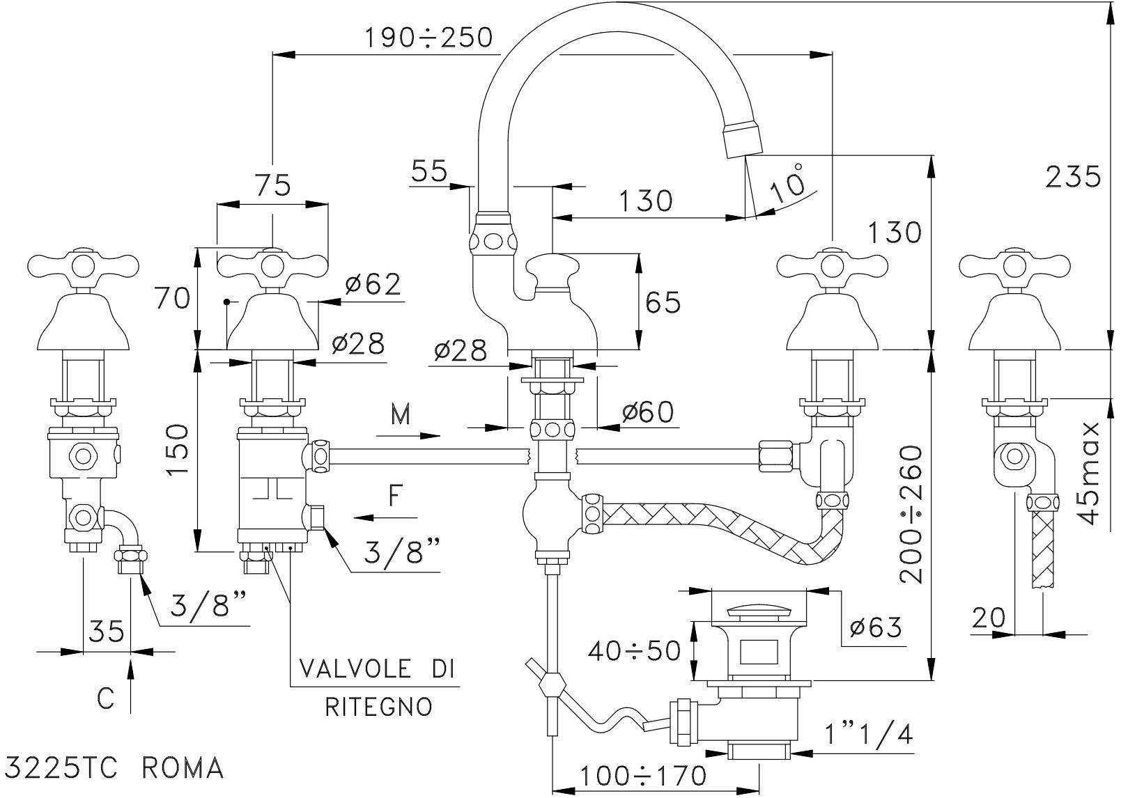 RUBINETTERIE STELLA Смеситель для раковины на 3 отверстия Roma sun-id-1351037 - Вид №1